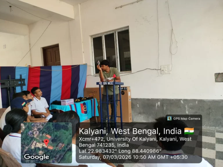 FPV drone flight demonstration indoors at the Kalyani NCC unit with the NCC backdrop