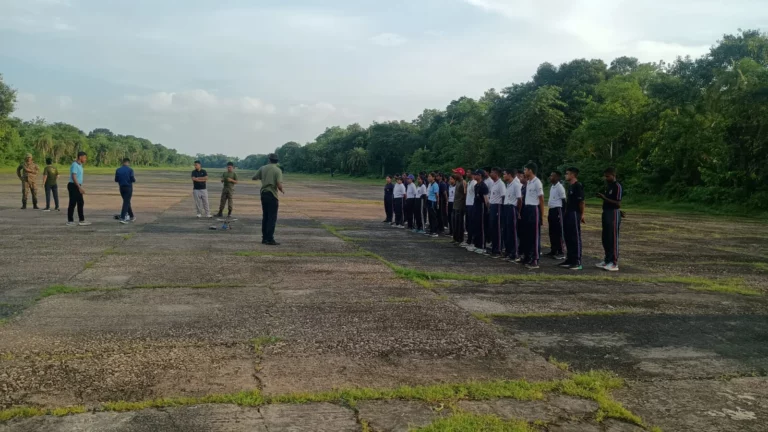 NCC cadets in formation on the airfield during the inter-group drone competition