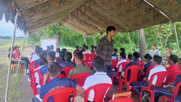 Cadets seated under the tent during a drone briefing at Kancharapara