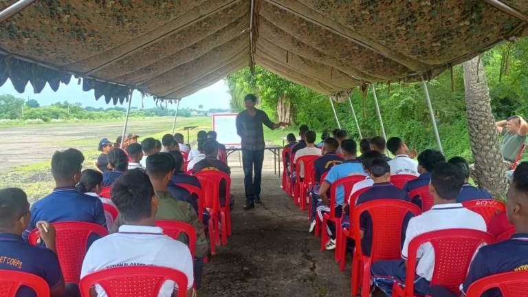 NCC cadets attending a drone session under the camouflage tent