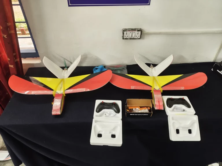 Two fixed-wing trainer aircraft and FPV goggles from the delivered training kit at the Ranchi army unit