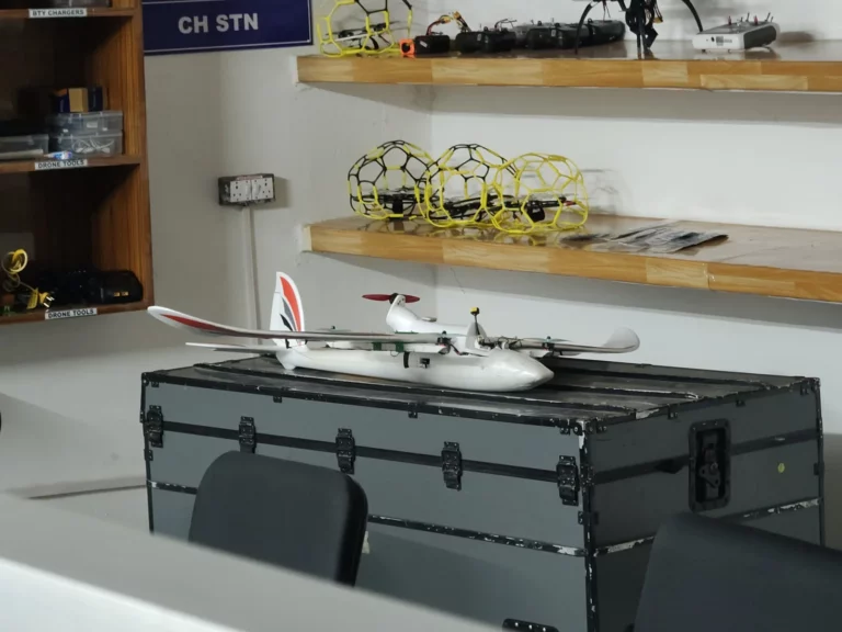 VTOL fixed-wing drone and FPV drones from the delivered training kit on display